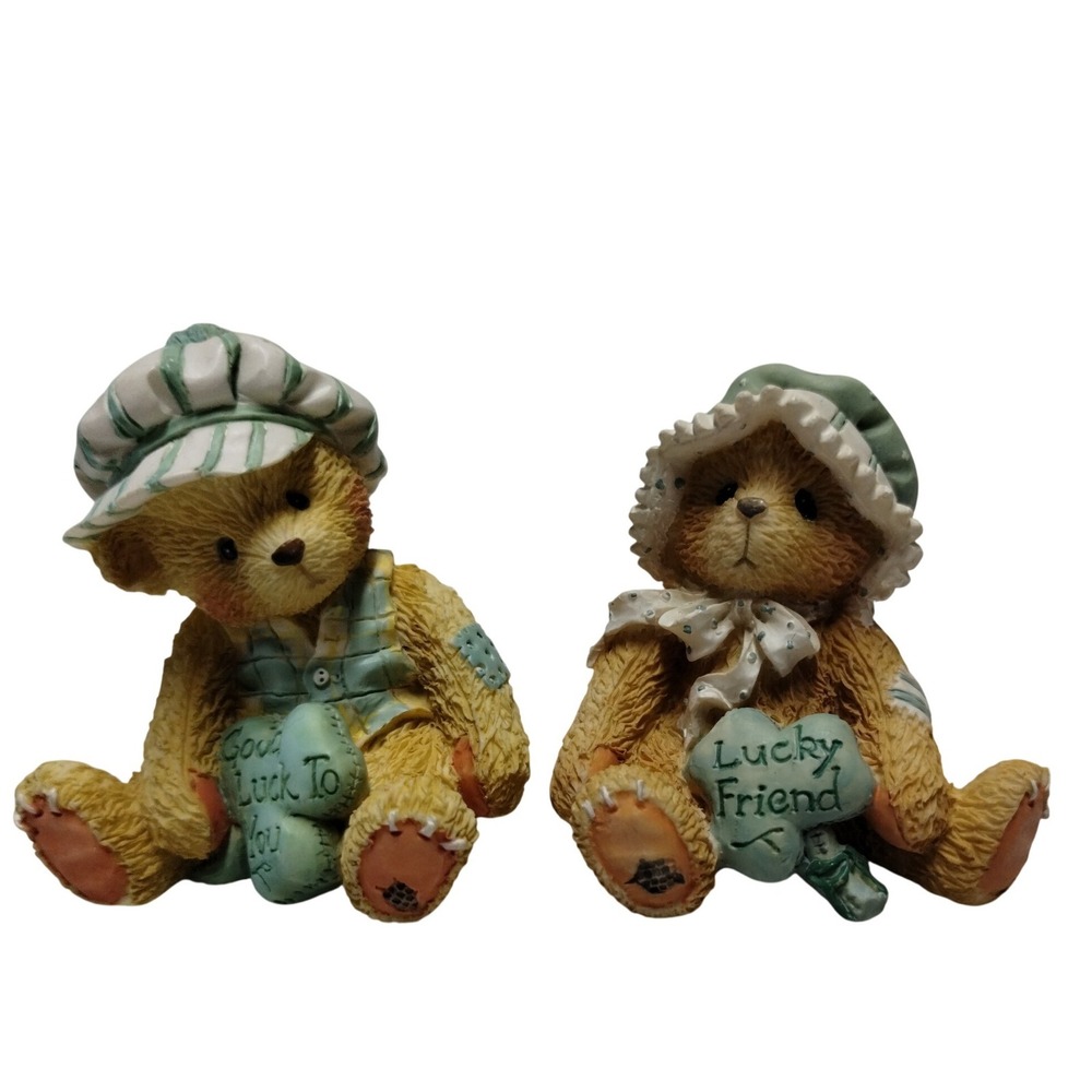 Vintage 1994 Cherished Teddies Kevin & Maureen Lucky Bear Figurines Set